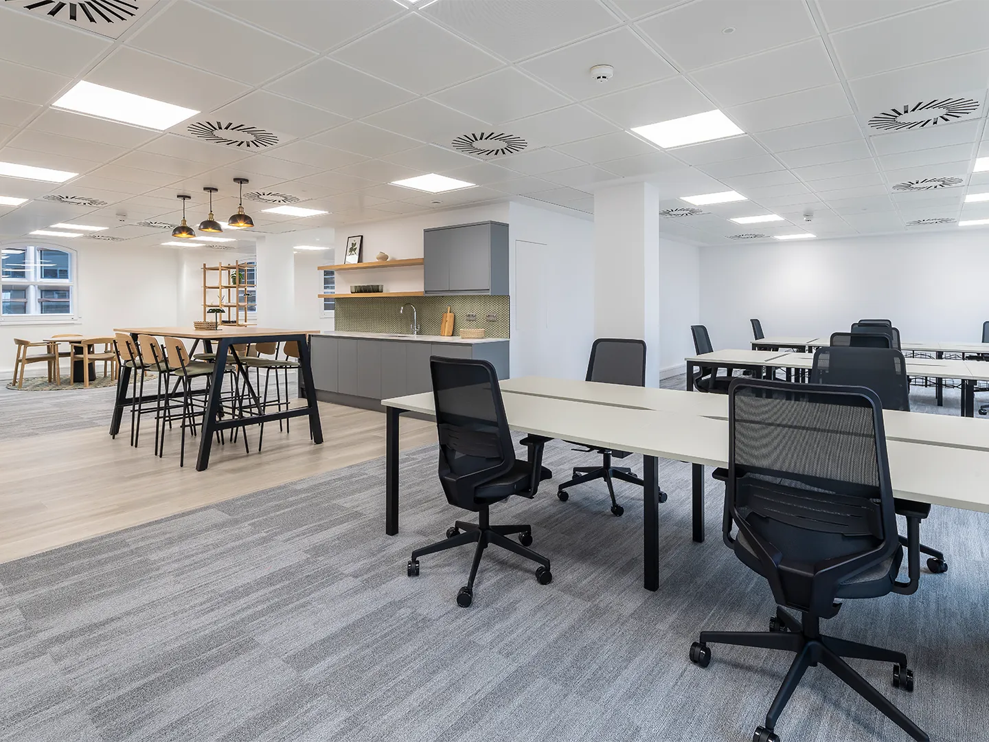 Workstations and kitchen area